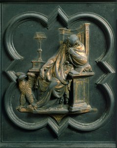 Porta Nord (chiamata Porta della Croce, a Nord), dettaglio esterno: San Giovanni Evangelista. Scultura in bronzo realizzata da Lorenzo Ghiberti (1378-1455)