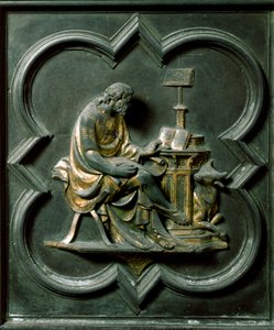Porta Nord (detta Porta della Croce, a Nord), dettaglio esterno: San Luca evangelista. Scultura in bronzo realizzata da Lorenzo Ghiberti (1378-1455)