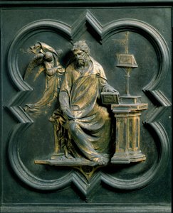Porta Nord (detta Porta della Croce, a nord), dettaglio esterno: San Matteo. Scultura in bronzo di Lorenzo Ghiberti