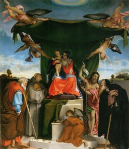 tedesco: Thronende Madonna, Engel und Heilige Madonna in trono con bambino, angeli e santi da Lorenzo Lotto
