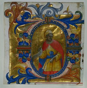 Iniziale D[eus in loco] con un profeta, ritagliata da un graduale, 1409-10