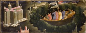 Rappresentazione di San Nicola che calma la tempesta. Nicola di Myra (o Nicola di Bari) salva una barca dal naufragio. Dipinto su legno di Lorenzo Monaco da Lorenzo Monaco
