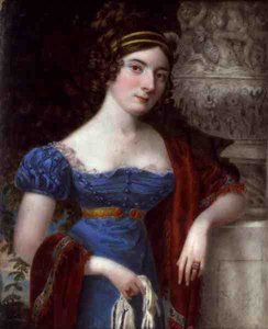 Signora in un vestito blu bordato di pizzo da Lorenzo Thewenti