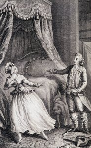 Coppia davanti al letto della camera da letto - in "Les francaises ou 34 examples chosen in the current mores fit to lead daughters, women, wives, mothers" di Restif de La Bretonne (1734-1806), ill. di Binet, Neufchatel