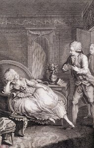 Gentiluomo che dichiara il suo amore a una dama languente su una pastorella - in “Les francaises ou 34 esempi scelti nei costumi attuali adatti a guidare figlie, mogli, madri” di Restif de La Bretonne (1734-1806), ill. di Binet, Neufchatel