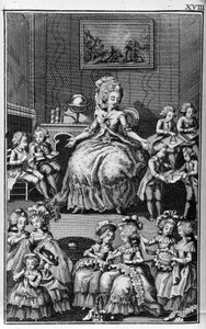 Illustrazione di Louis Binet (1744-1800) per il libro di Nicolas Edme Restif de La Bretonne "Les Parisiennes", o XL Caratteri Generali Presi nei Mori Moderni, adatti a servire all