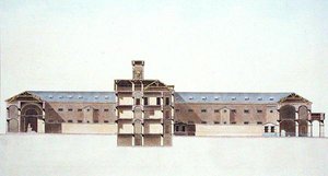 Sezione trasversale della nuova prigione di Bruxelles, da Choix des Monuments, Edifices et Maisons les plus remarquables du Royaume des Pays-Bas di Pierre Jacques Goetghebuer, inciso dall