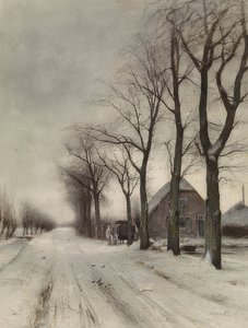 Paesaggio invernale con fattoria lungo un viale