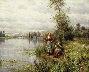 Donne di campagna che pescano in un pomeriggio estivo