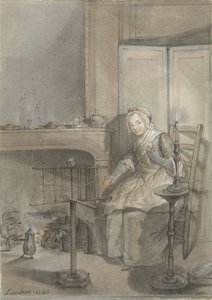 Interno con una giovane donna che fila la lana da Louis Aubert