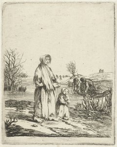 Mendicante con bambino vicino a un fosso