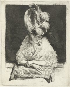 Ritratto di una giovane donna con cappello che guarda fuori dalla finestra