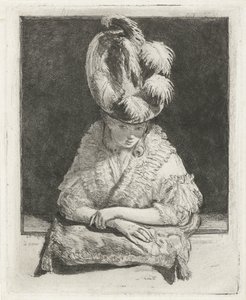 Ritratto di una giovane donna con cappello che guarda fuori dalla finestra