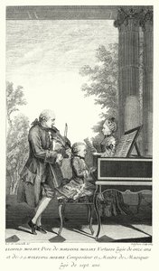 Leopold Mozart che suona musica con sua figlia Marianne e suo figlio Wolfgang (incisione) da Louis Carrogis (after) Carmontelle