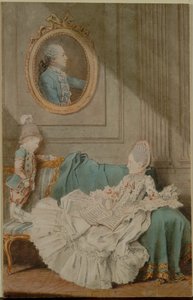 Madame Millin du Perreux e suo figlio, con un ritratto dipinto..., c. 1760 da Louis Carrogis dit Carmontelle
