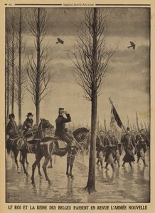 Re Alberto I e la Regina Elisabetta del Belgio che passano in rassegna il loro nuovo esercito, Prima Guerra Mondiale da Louis Charles (after) Bombled