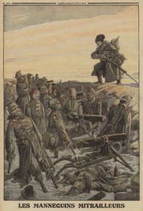 Soldato russo che scopre una trincea tedesca con mitragliatrici manovrate da soldati finti; Prima Guerra Mondiale da Louis Charles (after) Bombled