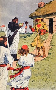 Prete che visita un lebbroso nel Medioevo, illustrazione da 