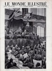 Discorso di August Bebel (1840-1913) durante il Congresso Socialista di Breslavia in Germania nel 1895 - Incisione in 