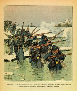 Gennaio 1871, Hericourt, i cacciatori del capitano Sarda si immergono a metà corpo nel ghiaccio Lisaine, tenendo a lungo il nemico da Louis Charles Bombled