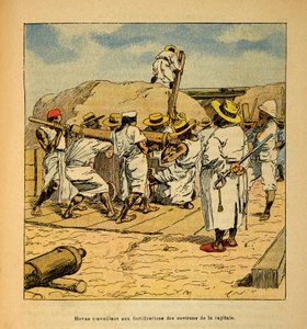 La Guerra in Madagascar - Storia Aneddotica delle Spedizioni Francesi del 1885-1895 di Henri Galli detto Galllichet (1854-1922), illustrato da Louis Bombled (1862-1927): Hovas che lavorano alle fortificazioni della capitale nel 1895, Collezione Privata da Louis Charles Bombled