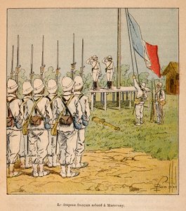 La guerra in Madagascar - Storia aneddotica delle spedizioni francesi del 1885-1895 di Henri Galli dit Galllichet (1854-1922), illustrata da Louis Bombled (1862-1927): La bandiera francese sventola a Marovoay nel 1895 da Louis Charles Bombled