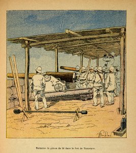 La guerra in Madagascar: Storia aneddotica delle spedizioni francesi del 1885-1895 di Henri Galli, illustrata da Louis Bombled: Tamburi di 14 pezzi nel Forte di Tamatave nel 1895, Collezione privata da Louis Charles Bombled