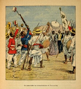 La guerra in Madagascar: Storia aneddotica delle spedizioni francesi del 1885-1895 di Henri Galli, illustrata da Louis Bombled: La regina Ranavalona visita le trincee di Tananarive nel 1895, Collezione privata da Louis Charles Bombled