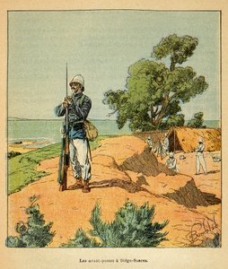 La guerra in Madagascar: Storia aneddotica delle spedizioni francesi del 1885-1895 di Henri Galli, illustrata da Louis Bombled: Avamposto francese a Diego-Suarez in Madagascar nel 1885, Collezione privata da Louis Charles Bombled
