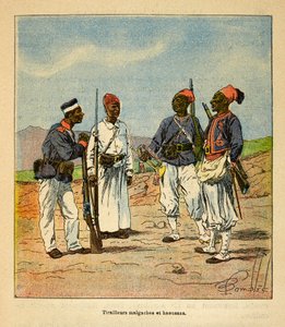 La guerra in Madagascar: Storia aneddotica delle spedizioni francesi del 1885-1895 di Henri Galli, illustrata da Louis Bombled: Tirailleurs malgasci e haoussas, Collezione privata da Louis Charles Bombled