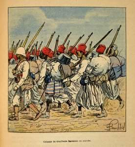 La guerra in Madagascar - Storia aneddotica delle spedizioni francesi del 1885-1895 di Henri Galli detto Galllichet (1854-1922), illustrato da Louis Bombled (1862-1927): Colonna di tiratori Haoussas in marcia nel 1895