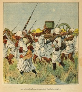 La guerra in Madagascar - Storia aneddotica delle spedizioni francesi del 1885-1895 di Henri Galli detto Galllichet (1854-1922), illustrato da Louis Bombled (1862-1927): Prigionieri Hovas usati per trasportare pezzi di artiglieria