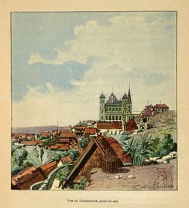 La guerra in Madagascar: Vista di Tananarive presa da sud nel XIX secolo da Louis Charles Bombled