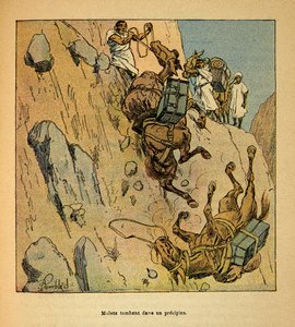 La Guerra in Madagascar-Storia Aneddotica delle Spedizioni Francesi del 1885-1895 di Henri Galli detto Galllichet (1854-1922), illustrata da Louis Bombled (1862-1927): Muli di un convoglio militare che cadono in un precipizio, Collezione Privata da Louis Charles Bombled