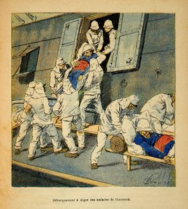 La guerra in Madagascar-Storia aneddotica delle spedizioni francesi del 1885-1895 di Henri Galli, illustrato da Louis Bombled: Sbarco ad Algeri nel 1895 delle truppe malate della nave ospedale Shamrock da Madagascar da Louis Charles Bombled