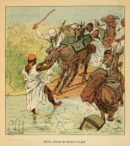 La guerra in Madagascar-Storia aneddotica delle spedizioni francesi del 1885-1895 di Henri Galli, illustrato da Louis Bombled: Muletti che rifiutano di attraversare un guado durante la spedizione francese in Madagascar nel 1895 da Louis Charles Bombled