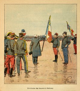 La guerra in Madagascar-Storia aneddotica delle spedizioni francesi del 1885-1895 di Henri Galli, illustrato da Louis Bombled: Distribuzione di bandiere a Sathonay alle truppe in partenza per il Madagascar nel 1895 alla presenza del presidente della repubb da Louis Charles Bombled
