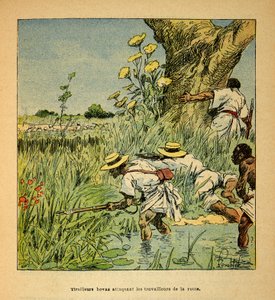 La guerra in Madagascar-Storia aneddotica delle spedizioni francesi del 1885-1895 di Henri Galli, illustrato da Louis Bombled: Tirailleurs Hovas che attaccano i militari che costruiscono una strada nel 1895 da Louis Charles Bombled