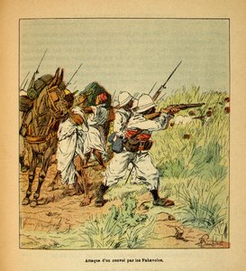 La guerra in Madagascar-Storia aneddotica delle spedizioni francesi del 1885-1895 di Henri Galli, illustrato da Louis Bombled: Attacco di un convoglio militare da parte dei Fahavolos da Louis Charles Bombled