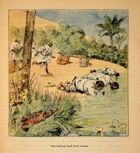 La Guerra in Madagascar-Storia Aneddotica delle Spedizioni Francesi del 1885-1895 di Henri Galli detto Galllichet (1854-1922), illustrato da Louis Bombled (1862-1927): Una sosta lungo il fiume nel 1895, Collezione Privata da Louis Charles Bombled