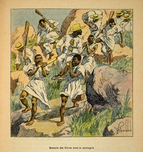 La Guerra in Madagascar-Storia Aneddotica delle Spedizioni Francesi del 1885-1895 di Henri Galli detto Galllichet (1854-1922), illustrato da Louis Bombled (1862-1927): Ritirata delle Truppe Hovas nelle Montagne, Collezione Privata