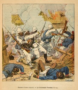 La guerra in Madagascar - Storia aneddotica delle spedizioni francesi del 1885-1895 di Henri Galli dit Galllichet, illustrata da Louis Bombled: Tenente Foreston ferito durante le battaglie di Ambolomonty nel 1895, Collezione privata