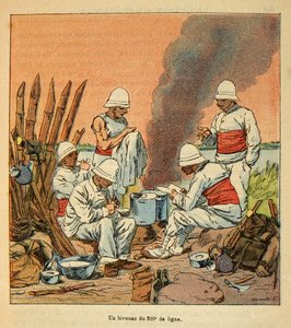 La guerra in Madagascar-Storia aneddotica delle spedizioni francesi del 1885-1895 di Henri Galli detto Galllichet (1854-1922), illustrato da Louis Bombled (1862-1927): Un bivacco del 200° linea in Madagascar nel 1895, Collezione privata da Louis Charles Bombled