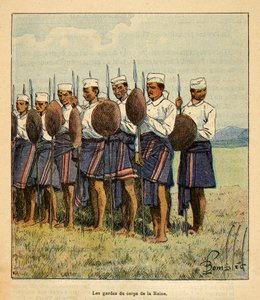 La guerra in Madagascar-Storia aneddotica delle spedizioni francesi del 1885-1895 di Henri Galli detto Galllichet (1854-1922), illustrato da Louis Bombled (1862-1927): Guardie della regina Ranavalona, Collezione privata da Louis Charles Bombled