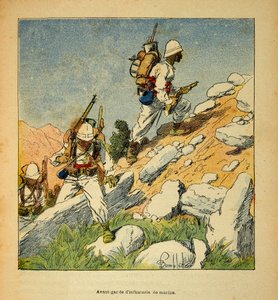 La guerra in Madagascar-Storia aneddotica delle spedizioni francesi del 1885-1895 di Henri Galli detto Galllichet (1854-1922), illustrato da Louis Bombled (1862-1927): Avanguardia di fanteria in Madagascar nel 1895, Collezione privata da Louis Charles Bombled