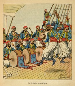 La guerra in Madagascar-Storia aneddotica delle spedizioni francesi del 1885-1895 di Henri Galli detto Galllichet (1854-1922), illustrato da Louis Bombled (1862-1927): La nouba dei turcos a bordo della nave in viaggio verso il Madagascar, Collezione privat da Louis Charles Bombled