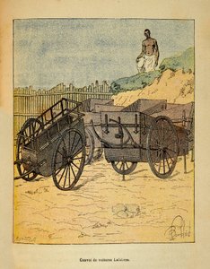 La guerra in Madagascar - Storia aneddotica delle spedizioni francesi del 1885-1895 di Henri Galli dit Galllichet (1854-1922), illustrata da Louis Bombled (1862-1927): Convoglio di auto Lefebvre per il rifornimento delle truppe da Louis Charles Bombled