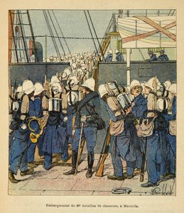 La guerra in Madagascar - Storia aneddotica delle spedizioni francesi del 1885-1895 di Henri Galli dit Galllichet (1854-1922), illustrata da Louis Bombled (1862-1927): Imbarco del 40º battaglione cacciatori a Marsiglia per il Madagascar nel 1895