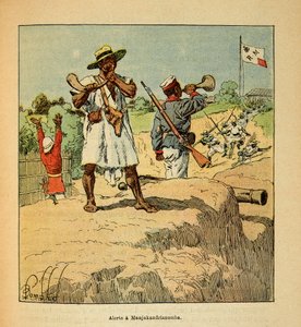 La guerra in Madagascar-Storia aneddotica delle spedizioni francesi del 1885-1895 di Henri Galli, illustrato da Louis Bombled: Truppe malgasce in allerta a Manjakandrianomba all
