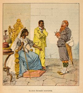 La guerra in Madagascar-Storia aneddotica delle spedizioni francesi del 1885-1895 di Henri Galli, illustrato da Louis Bombled: Un giornalista inglese intervista la regina Ravanalo nel 1895 alla presenza del suo primo ministro